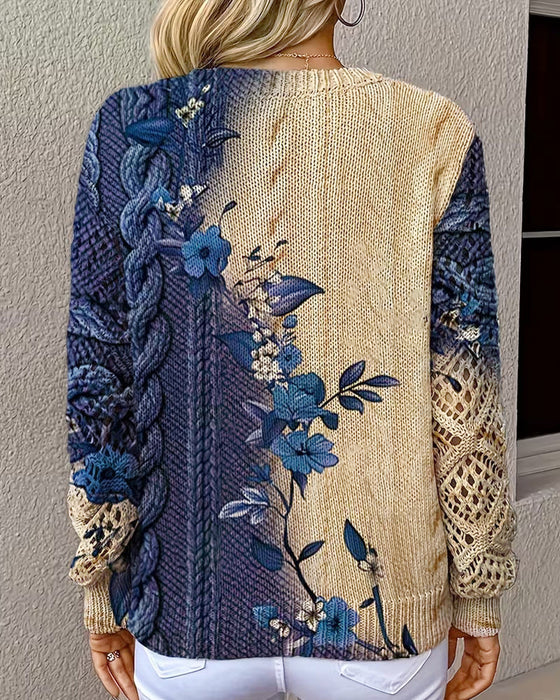 Pullover Verlauf Farbblock Blumig V-Ausschnitt Ausgeschnitten