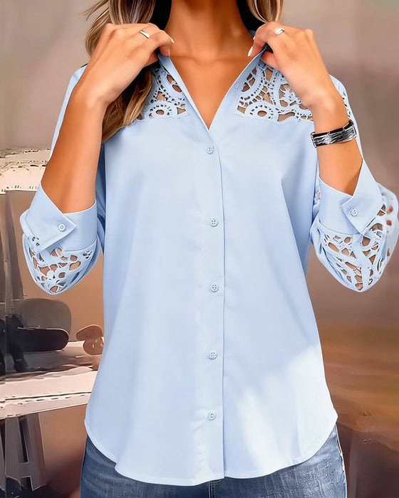 Bluse Uni-Farbe Revers Spitze Patchwork