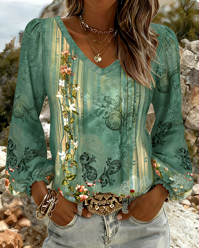 Bluse Floral V-Ausschnitt Puffärmel