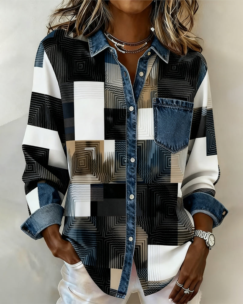 Farbblock Hemd Modischer Revers