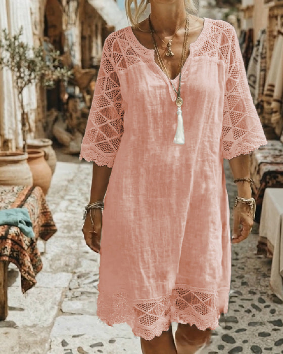 Kleid V-Ausschnitt Spitze Patchwork Lässig