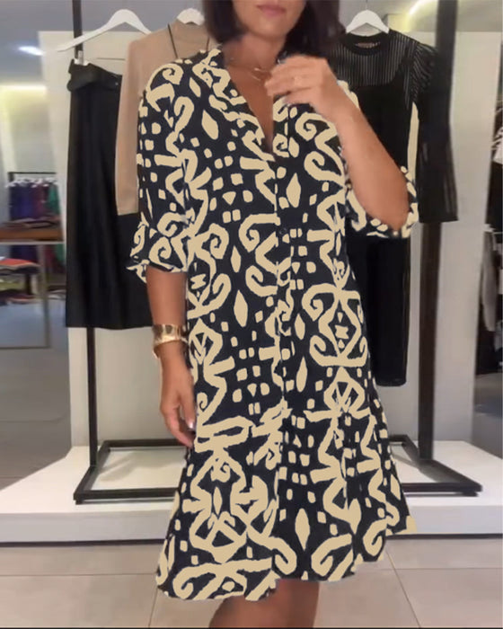 Kleid V-Ausschnitt elegant bedruckt