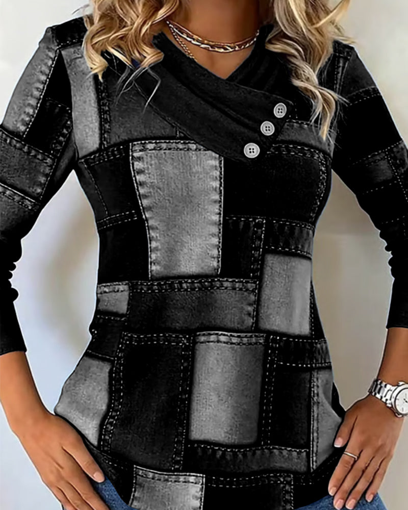 Langärmliges Top mit V-Ausschnitt und Kontrast in Uni