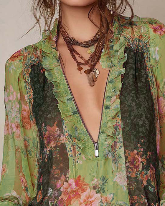 Halbreißverschluss Blumenprint Bluse