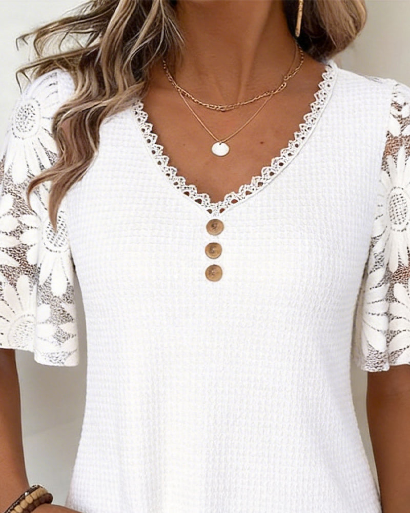 Bluse Spitze Gänseblümchen Patchwork V-Ausschnitt