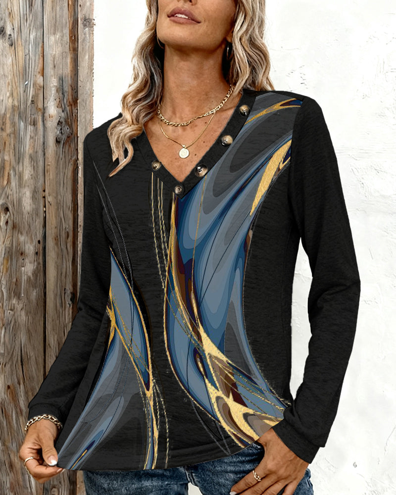 Bedrucktes Casual-Top mit V-Ausschnitt und langen Ärmeln