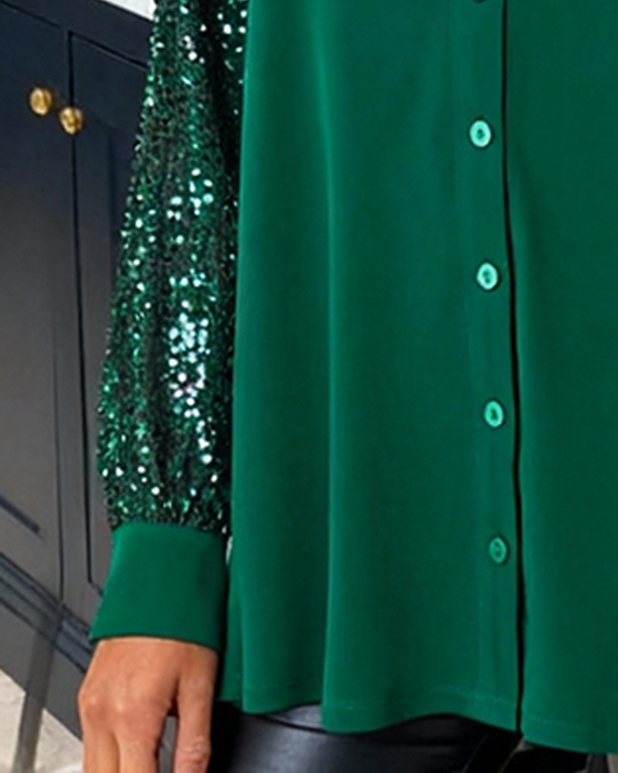 Hemd Glitzer Patchwork V-Ausschnitt Knopfleiste