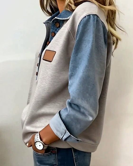 Sweatshirt mit stylischem Denim-Patchwork und langen Ärmeln