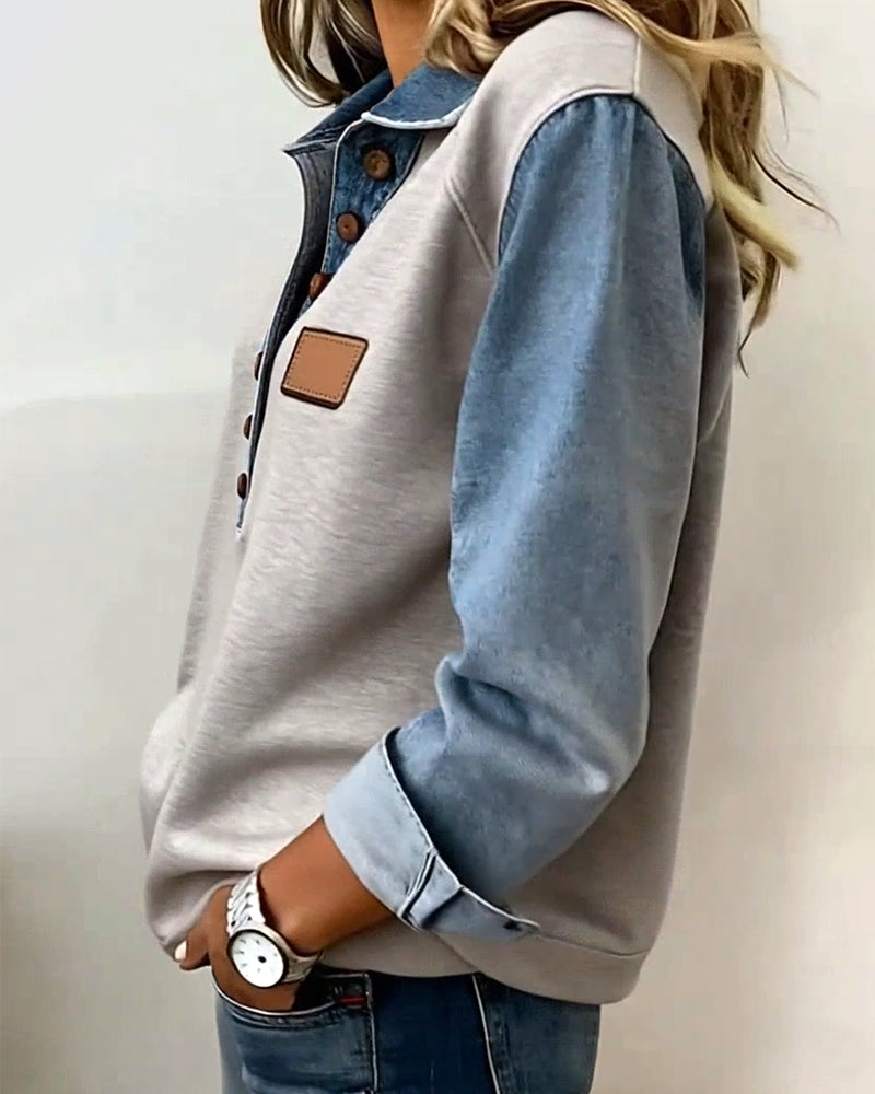 Sweatshirt mit stylischem Denim-Patchwork und langen Ärmeln