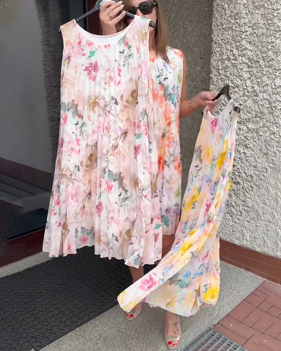 Kleid Ärmellos Plissiert Blumen