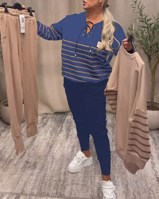 zweiteiliges Set mit lässiger gestreifter Sporthose bis zum Knöchel