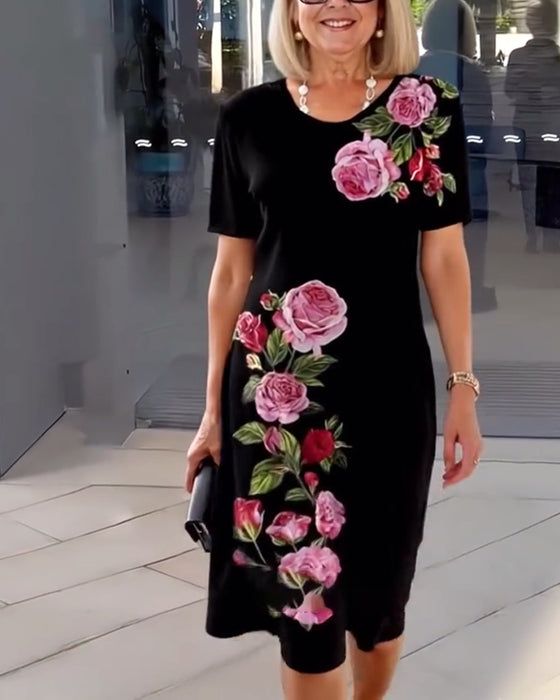 Kleid Kurzärmlig Rosenprint Schlauch