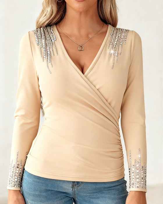 Top Modisch V-Ausschnitt Diamant Langarm
