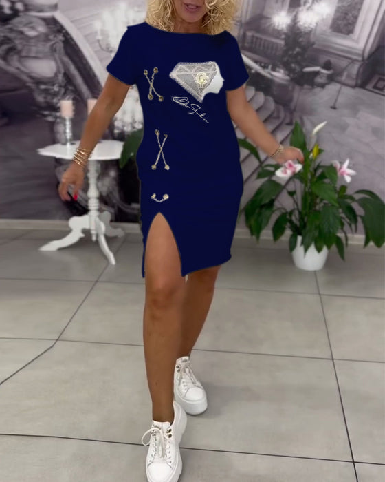 Kleid Bedruckt Enganliegend Schlitz