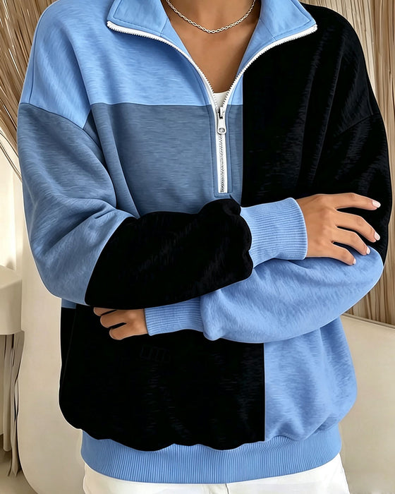 Sweatshirt Karo Farbblock Reißverschluss Stehkragen