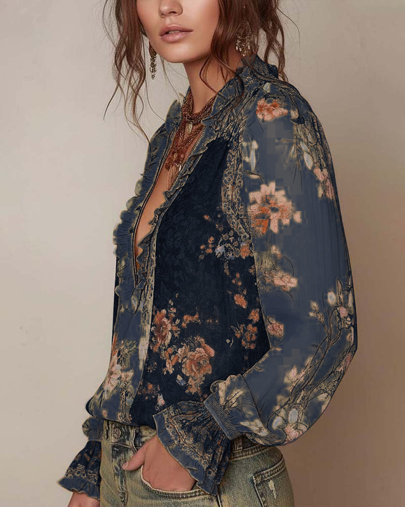 Halbreißverschluss Blumenprint Bluse