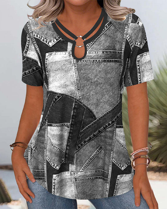 Bluse Vintage Denim Kontrast Cut-Out