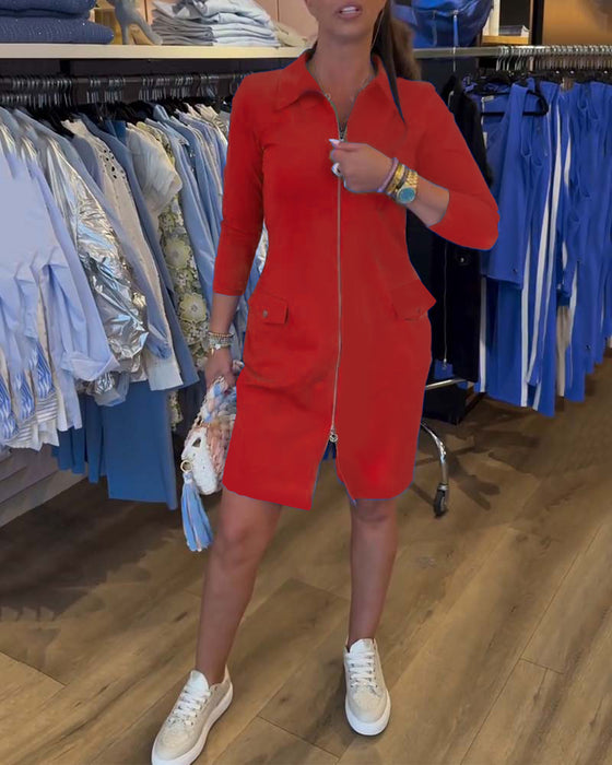 Kleid kragen einfarbig reißverschluss langarm