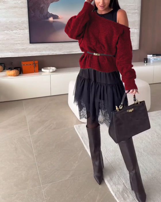 Off-Shoulder Locker Pullover & Spitzensaum Kleid