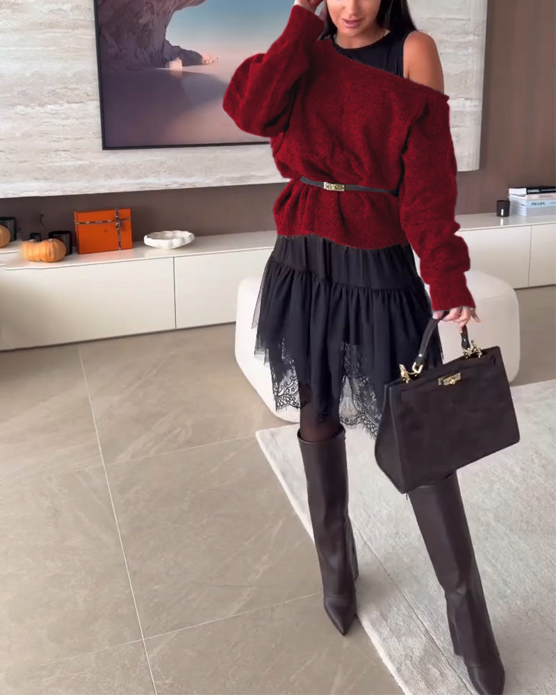 Off-Shoulder Locker Pullover & Spitzensaum Kleid