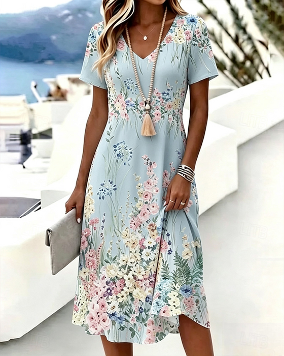 Kleid V-Ausschnitt Blumen Kurzarm A-Linie