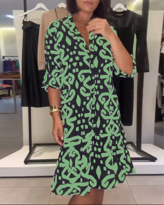 Kleid V-Ausschnitt elegant bedruckt
