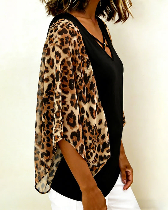 Bluse Fledermausärmel Leopardenmuster Patchwork