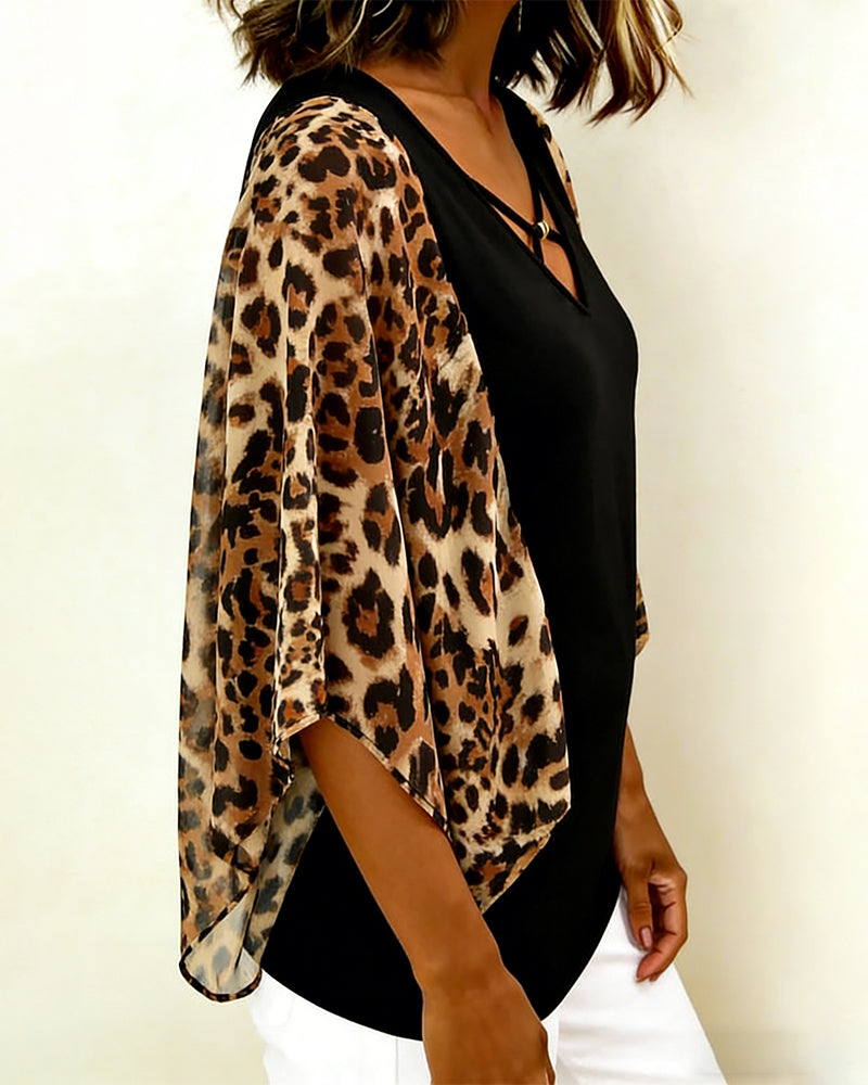 Bluse Fledermausärmel Leopardenmuster Patchwork
