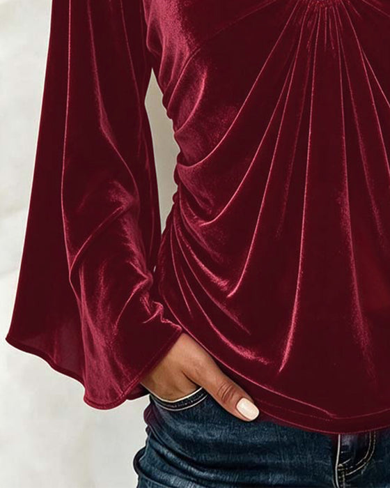 Bluse Samt V-Ausschnitt O-Ring Twist Glockenärmel