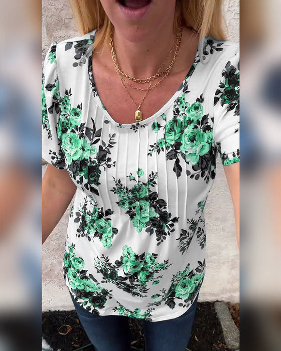T-Shirt mit Rundhalsausschnitt Blumenmuster plissiert