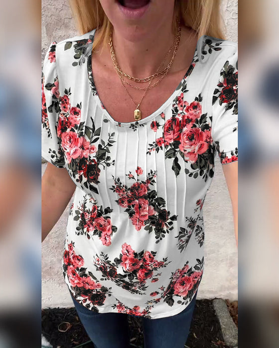 T-Shirt mit Rundhalsausschnitt Blumenmuster plissiert