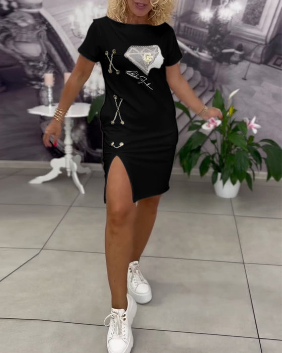 Kleid Bedruckt Enganliegend Schlitz