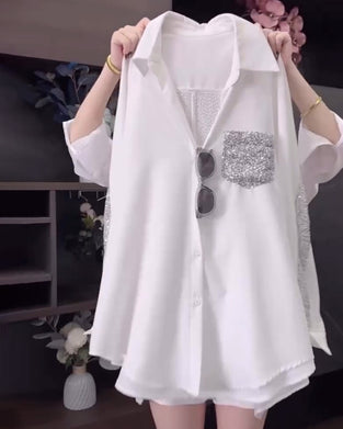 Revers-Pailletten-Langarmhemd