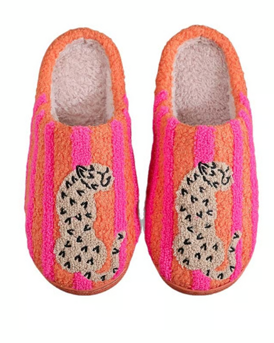 Dames Retro Gestreept & Luipaard Pluizige Pantoffels