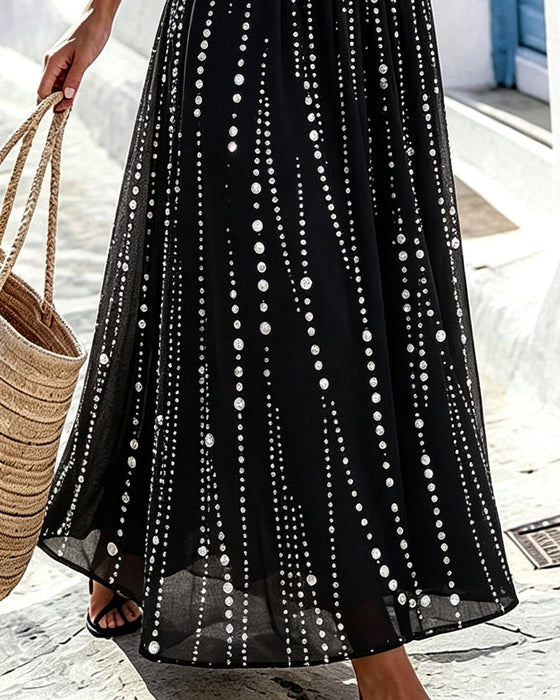 Kleid Rundhals Gepunktet Überschlagen Ärmellos