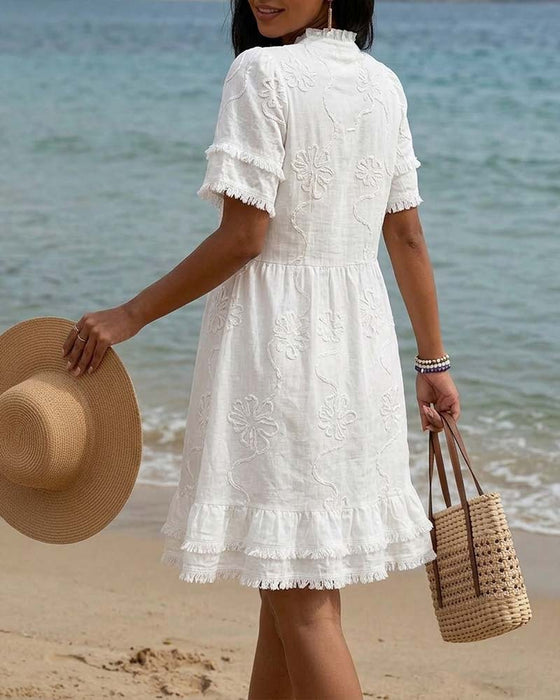 Kleid Stehkragen Halbe Knopfleiste Franse