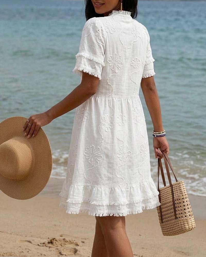 Kleid Stehkragen Halbe Knopfleiste Franse