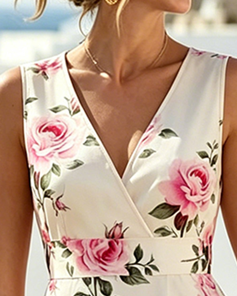 Kleid Blumen V-Ausschnitt Ärmellos Taille A-Linie