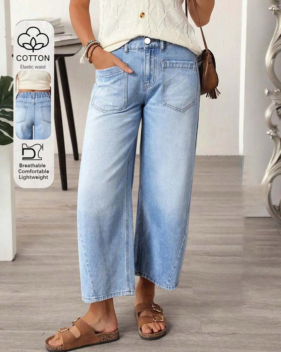 Jeans Denim Elastische Taille Weites Bein Cropped
