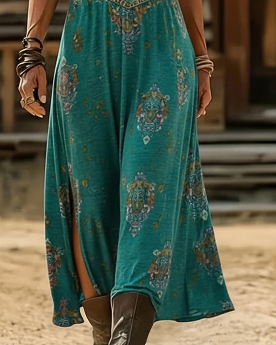 Kleid Bohemian V-Ausschnitt Bedruckt Schlitz