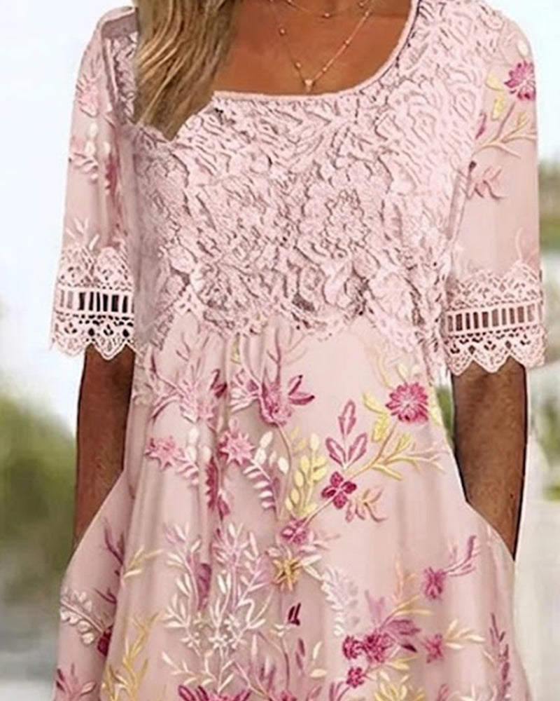 Kleid Spitze Blumenmuster Patchwork A-Linie