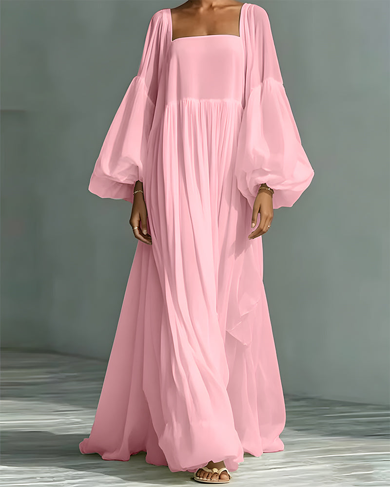 Kleid Quadratischer Ausschnitt Puff Ärmel Fee Maxi