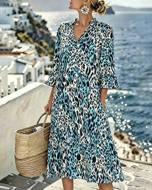 Kleid Rüsche Verlauf V-Ausschnitt Leopard