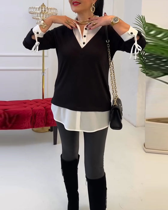 Oberteil Schwarz Und Weiß Patchwork Revers