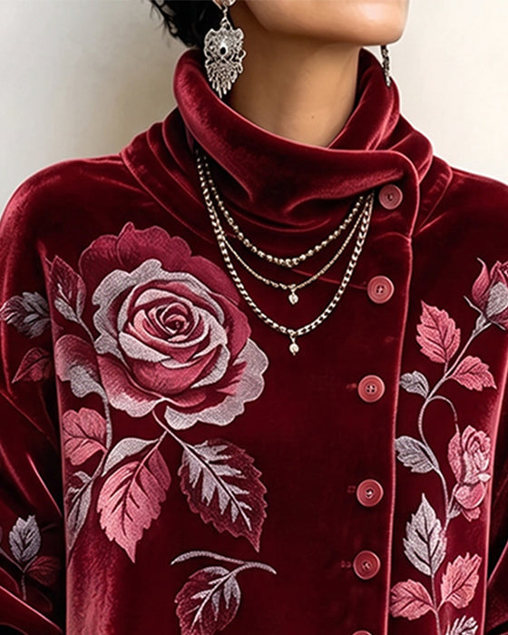 Oberteil Rose Print Knopf Unregelmäßig
