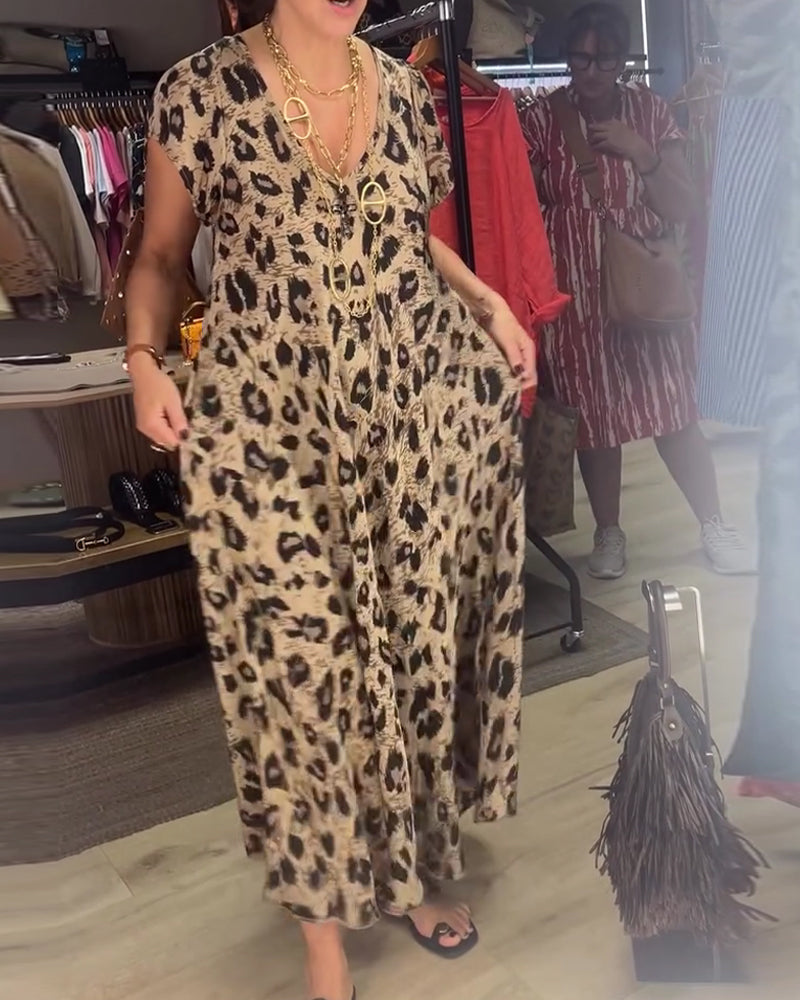 Kleid V-Ausschnitt Leopard Kurzarm