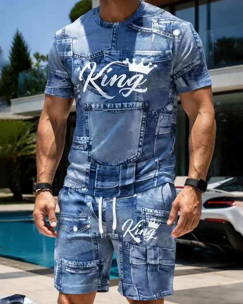Herren-Set Mit Rundhals-Monogramm-T-Shirt Und Kordelzug-Shorts