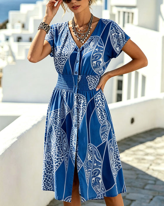 Kleid Leopardenmuster V-Ausschnitt Knopf Taille