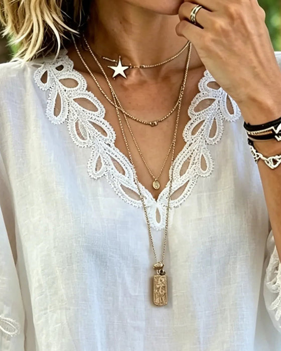 Bluse Hollow Out Spitze V-Ausschnitt