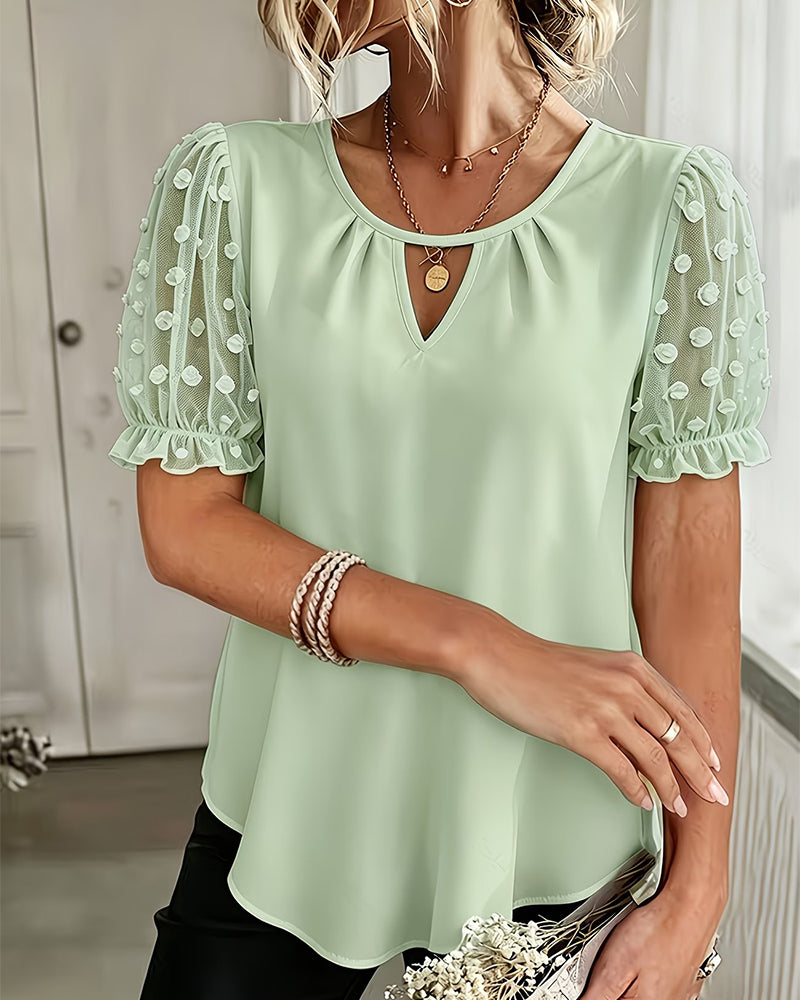 Bluse Rund Hals Spitze Puff Ärmel